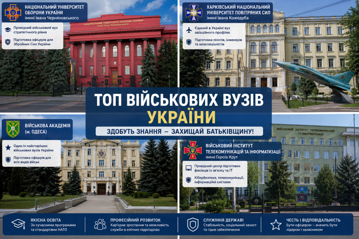 Колаж з будівлями чотирьох провідних військових вузів України: Університету оборони, Університету Повітряних Сил, Військової академії в Одесі та Інституту телекомунікацій