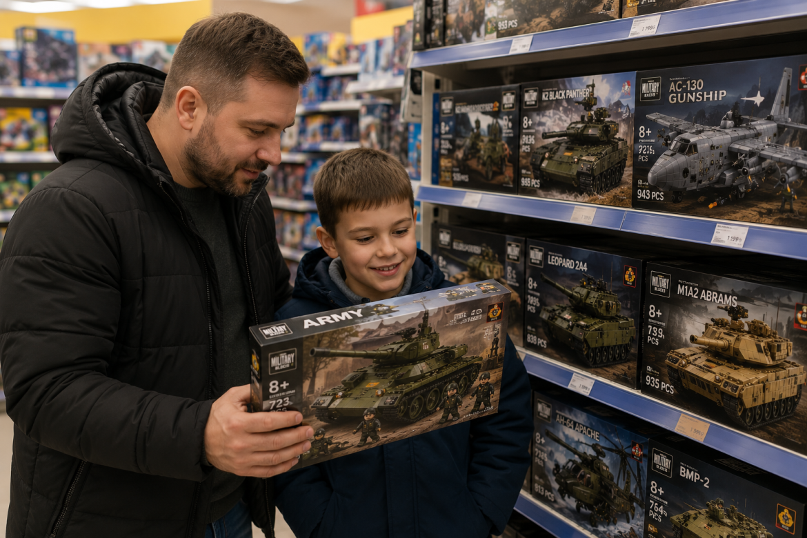 Чоловік і хлопчик розглядають набір конструктора військової техніки на полиці магазину