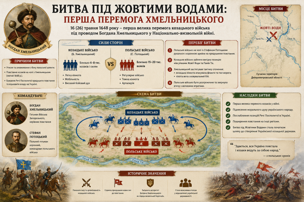 Інфографіка про битву під Жовтими Водами: причини, сили сторін, схема бою, командувачі Хмельницький і Потоцький, перебіг та наслідки першої козацької перемоги