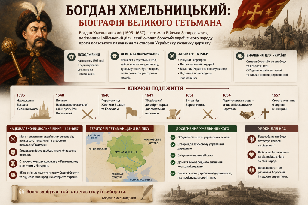 Інфографіка з ключовими подіями життя, досягненнями та картою Гетьманщини часів Богдана Хмельницького