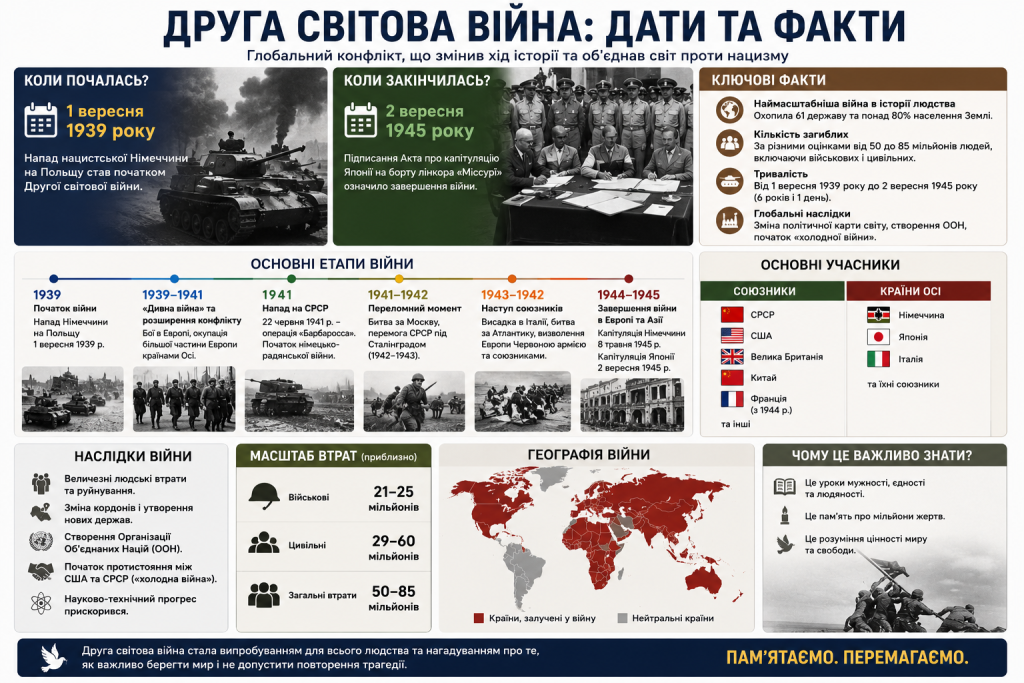 Інфографіка про Другу світову війну: хронологія від 1939 до 1945 року, основні етапи, учасники, масштаб втрат та наслідки для людства