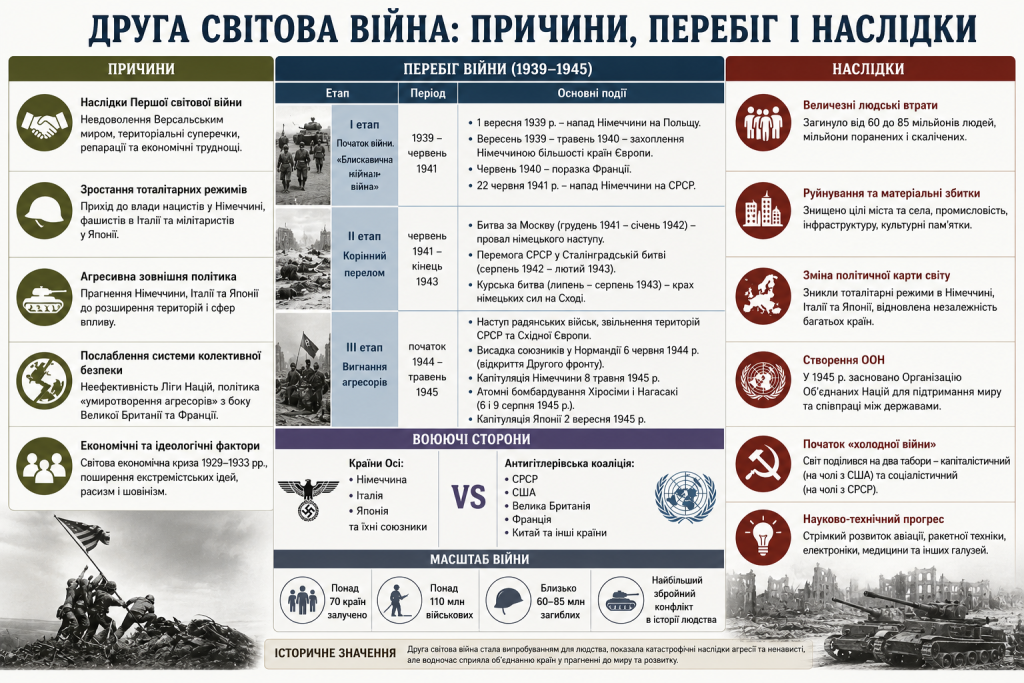 Інфографіка про Другу світову війну: причини виникнення, три основні етапи перебігу 1939–1945 рр., воюючі сторони, масштаб втрат і наслідки для світу