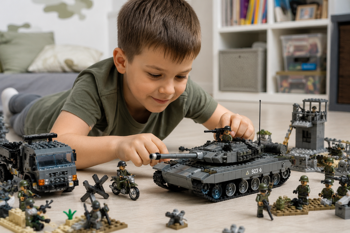 Зосереджений хлопчик лежить на підлозі і збирає конструктор LEGO у вигляді танка, навколо розставлені фігурки солдатів та інша військова техніка