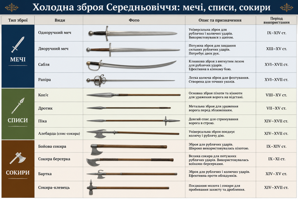 Інфографіка з видами середньовічної холодної зброї, описом її призначення та періодів використання.