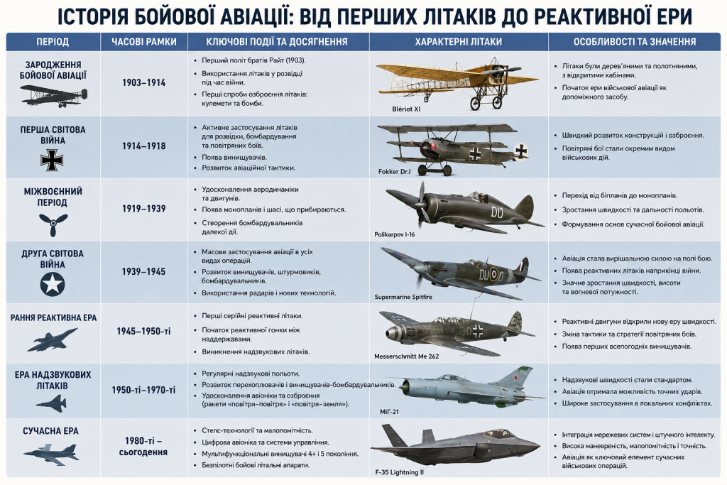 Хронологічна таблиця розвитку бойової авіації від 1903 року до сьогодні з ключовими подіями та характерними літаками кожного періоду: від Blériot XI до F-35