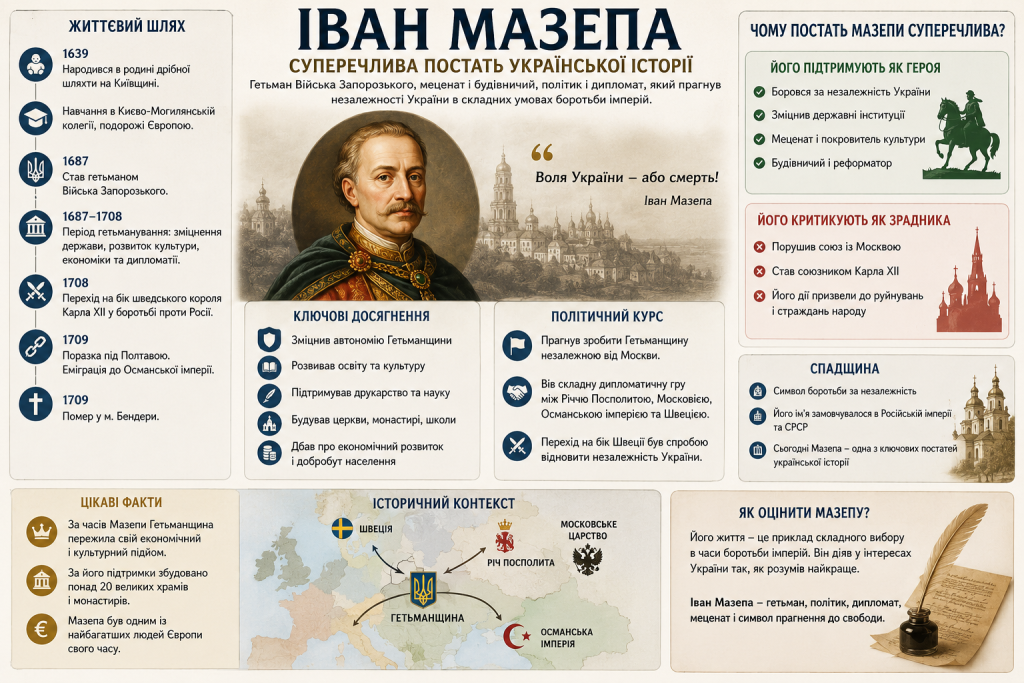 Інфографіка з хронологією життя, ключовими досягненнями та історичним контекстом гетьмана Івана Мазепи