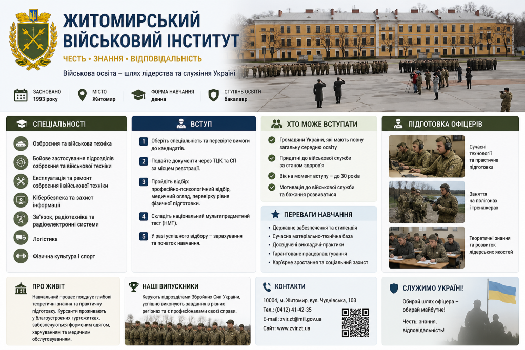 Інфографіка про Житомирський військовий інститут із інформацією про вступ, спеціальності та навчальний процес.