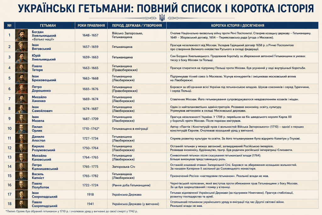 Інфографіка з повним списком українських гетьманів від Богдана Хмельницького до Павла Скоропадського