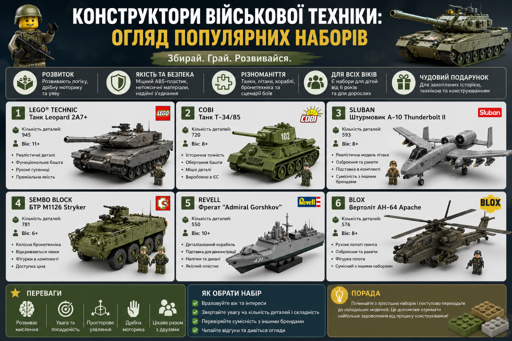 Інфографіка про популярні набори конструкторів військової техніки для дітей і дорослих
