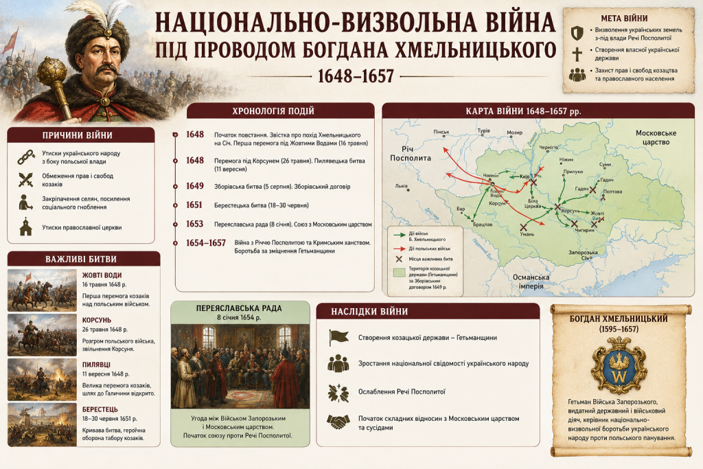 Інфографіка про Національно-визвольну війну 1648–1657 рр.: причини, хронологія подій, карта битв, ключові перемоги козаків та наслідки — створення Гетьманщини