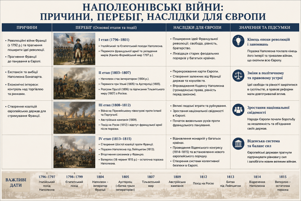 Інфографіка про Наполеонівські війни: причини, чотири етапи від 1796 до 1815 року, наслідки для Європи та хронологія ключових подій від Аустерліца до Ватерлоо