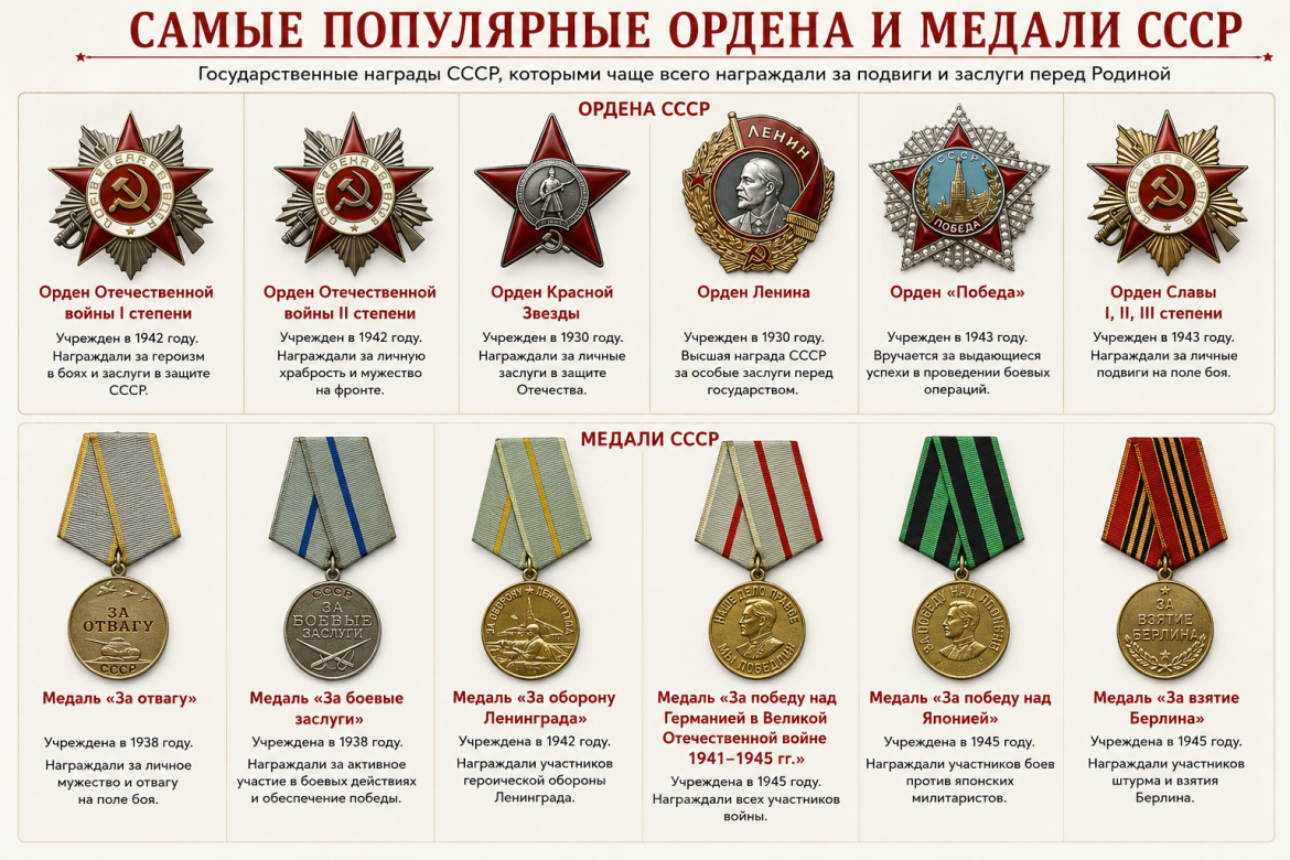 Колаж з фотографіями найпоширеніших орденів і медалей СРСР: Вітчизняної війни, Червоної Зірки, Леніна, Перемоги, Слави, а також медалей «За відвагу», «За оборону Ленінграда» та інших