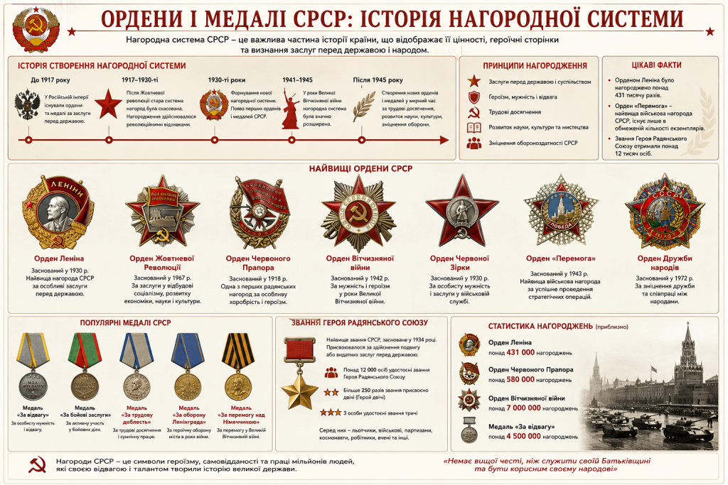 Інфографіка про нагородну систему СРСР: хронологія створення, найвищі ордени — Леніна, Перемоги, Вітчизняної війни, популярні медалі та статистика нагороджень