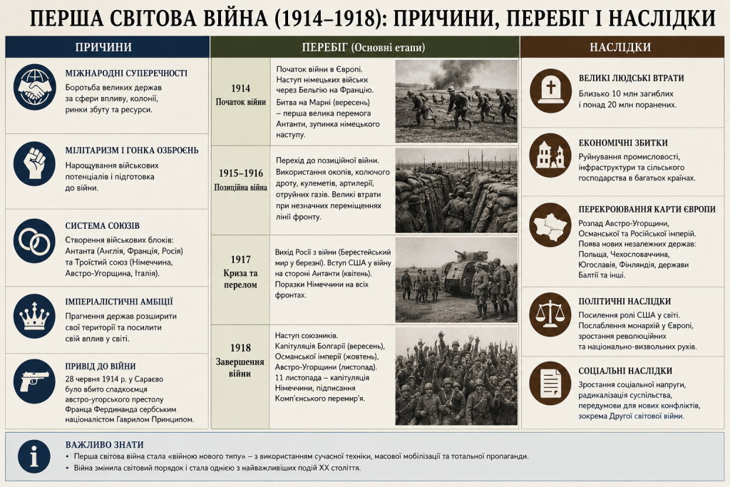 Інфографіка про Першу світову війну: причини конфлікту, основні етапи від 1914 до 1918 року, людські втрати та наслідки — розпад імперій і перекроювання карти Європи