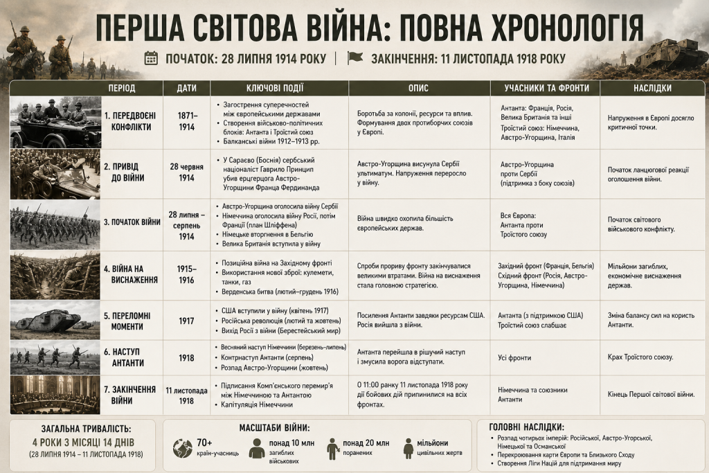 Детальна хронологічна таблиця Першої світової війни: передвоєнні конфлікти, привід до війни, основні етапи від 1914 до 1918 року, учасники та наслідки