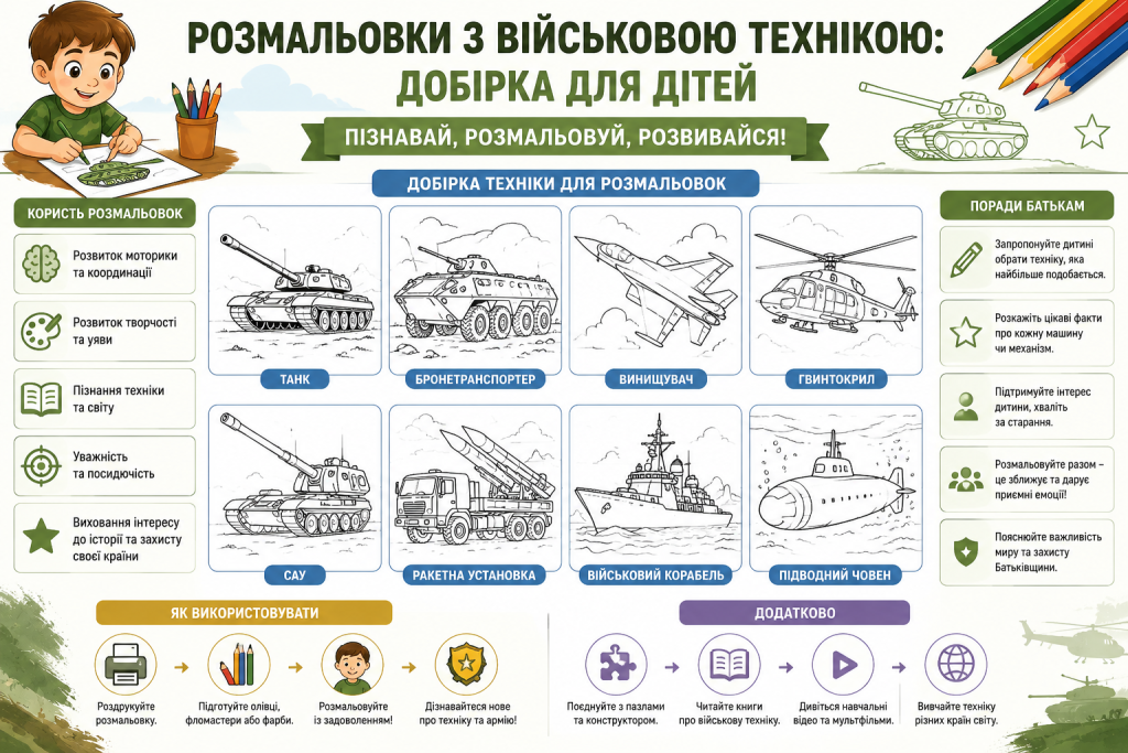 Інфографіка з добіркою розмальовок військової техніки для дітей: танк, БТР, винищувач, гвинтокрил, САУ, ракетна установка, корабель і підводний човен