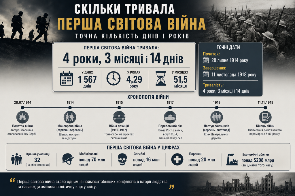 Інфографіка про тривалість Першої світової війни із точними датами початку й завершення, кількістю днів, основними етапами війни та ключовими статистичними даними.