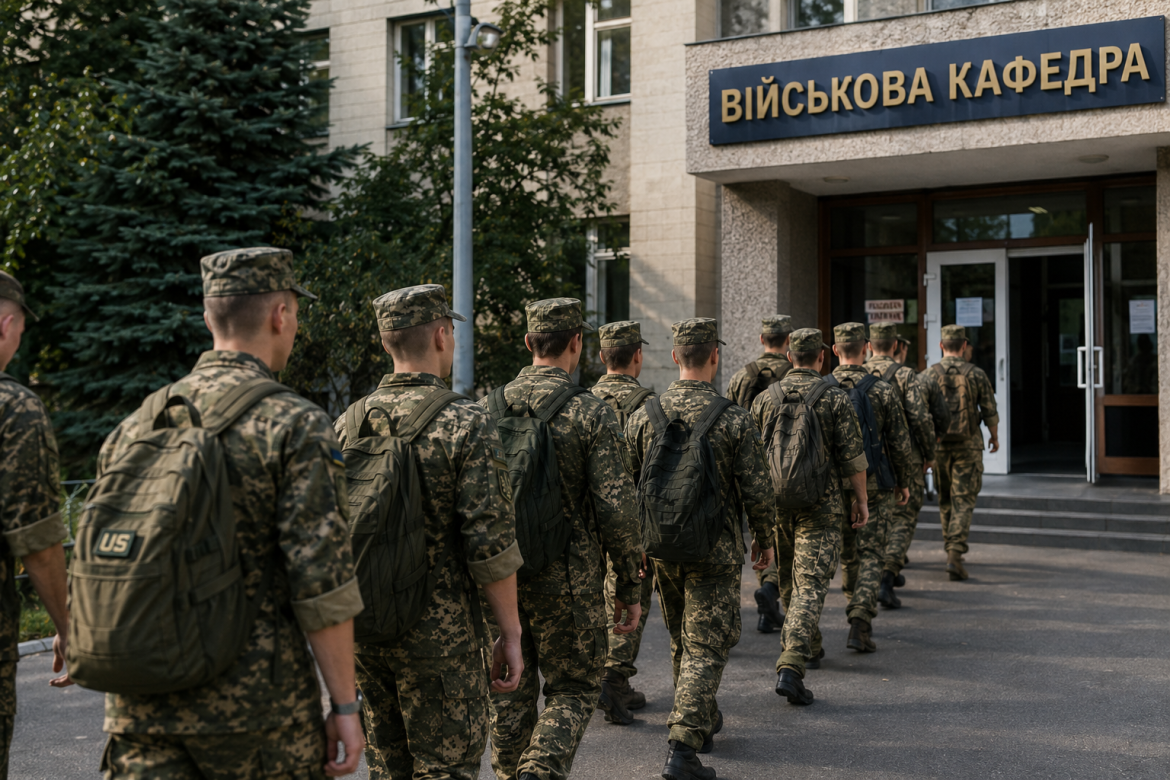 Група студентів у камуфляжній формі з рюкзаками заходить до будівлі з табличкою «Військова кафедра»