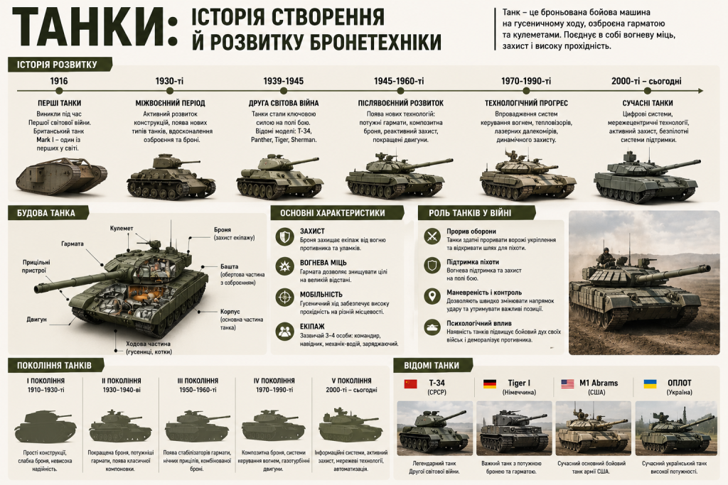 Інфографіка про історію танків: хронологія розвитку від Першої світової війни до сучасності, будова танка, покоління бронетехніки та відомі моделі T-34, Tiger I, M1 Abrams, Оплот