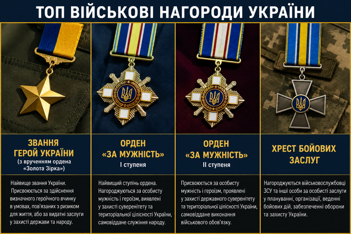 Колаж з фотографіями чотирьох найвищих військових нагород України: орден «Золота Зірка» Героя України, орден «За мужність» І та ІІ ступеня та Хрест бойових заслуг