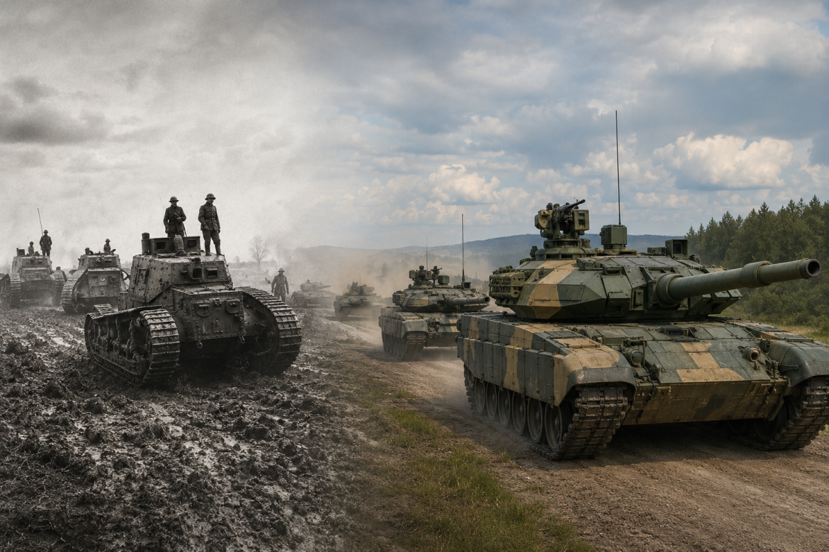 Художня композиція, що порівнює старовинні танки Першої світової війни (зліва, чорно-біле) та сучасні бойові машини (справа, кольорове)