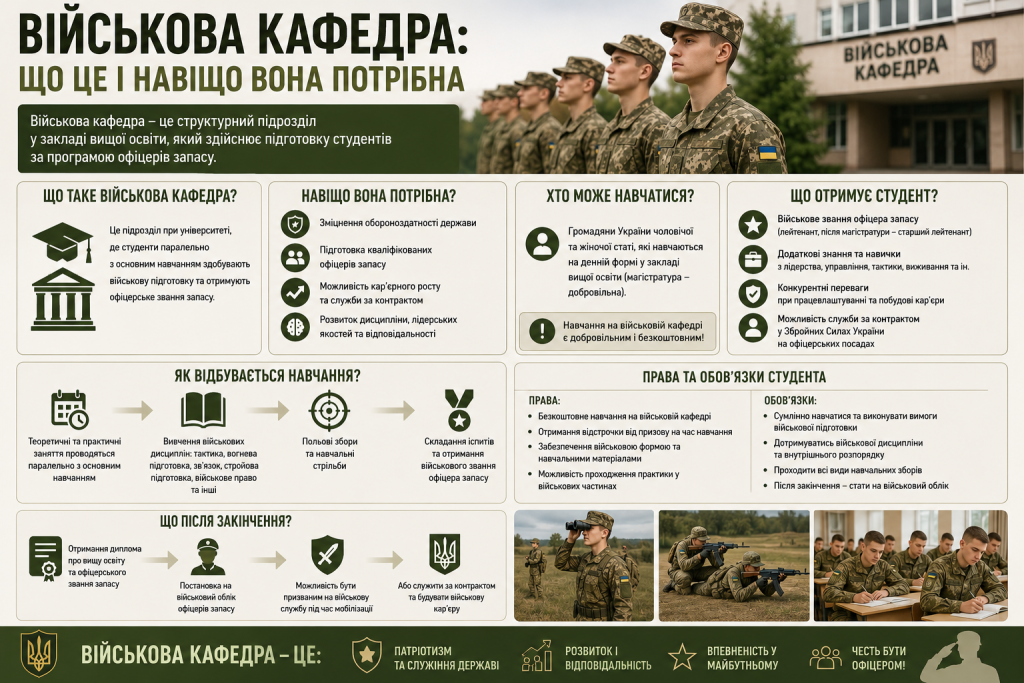 Інфографіка про військову кафедру у виші: що це таке, навіщо потрібна, хто може навчатися, як відбувається навчання, права та обов'язки студента