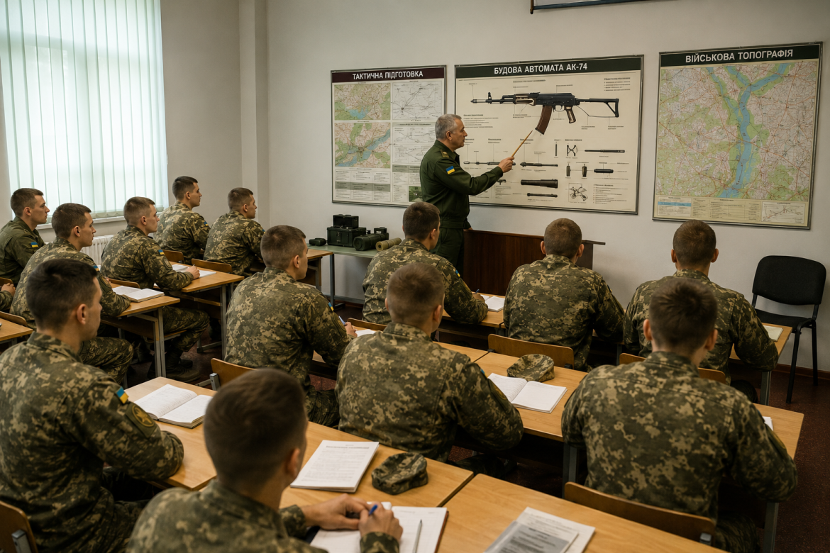 Офіцер-викладач проводить заняття на військовій кафедрі: студенти у камуфляжній формі слухають лекцію, на стіні схеми будови АК-74 та тактичні карти