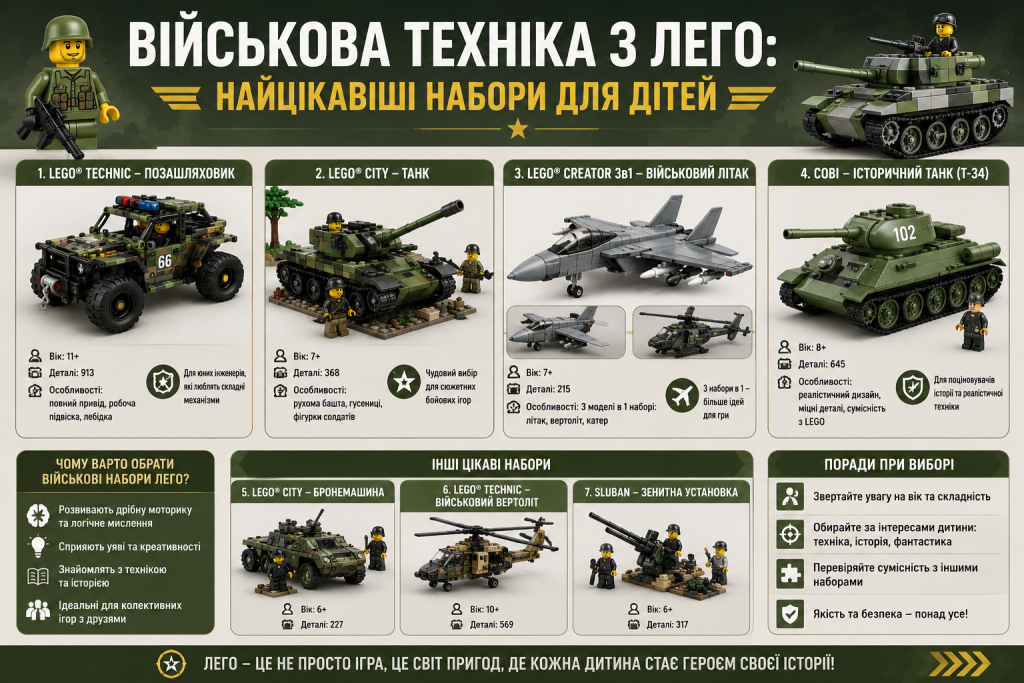 Інфографіка з добіркою наборів LEGO на військову тематику для дітей: позашляховик, танк, літак, бронемашина, вертоліт, зенітна установка та поради щодо вибору
