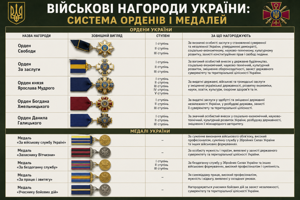 Таблиця системи військових нагород України: ордени Свободи, За заслуги, Ярослава Мудрого, Богдана Хмельницького, Данила Галицького та медалі ЗСУ з описами