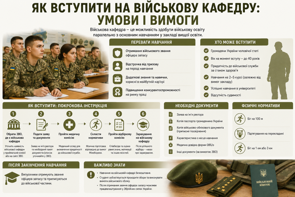 Інфографіка про вступ на військову кафедру: переваги навчання, хто може вступити, покрокова інструкція, необхідні документи та фізичні нормативи