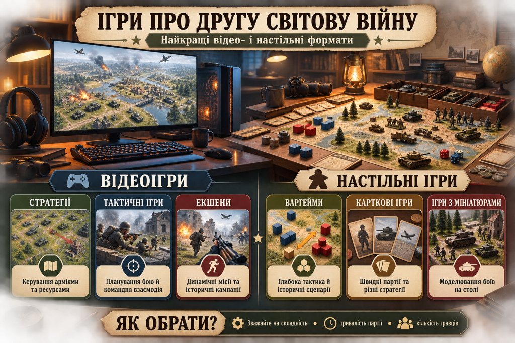 Інфографіка про популярні формати ігор на тему Другої світової війни, включаючи стратегії, тактичні відеоігри, варгейми та настільні ігри.