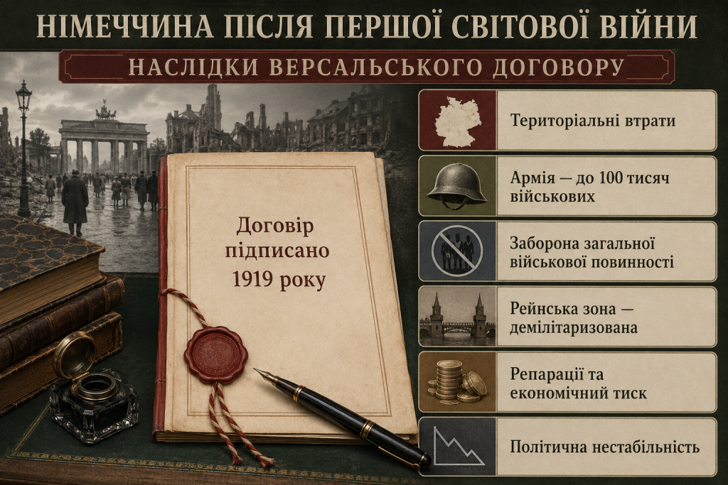 Інфографіка про наслідки Версальського договору для Німеччини після Першої світової війни