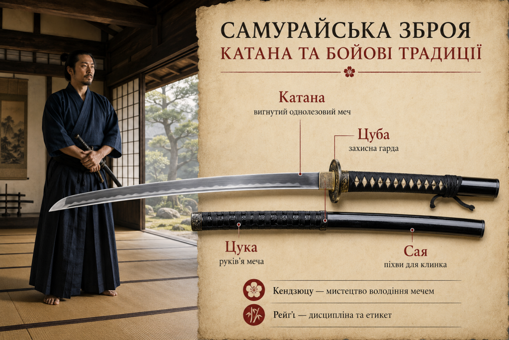 Інфографіка про самурайську катану, цубу, цуку, саю та традиції японського мистецтва володіння мечем