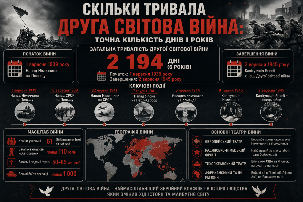 Інфографіка про тривалість Другої світової війни, основні дати, події та масштаби конфлікту