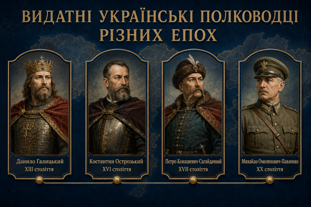Історична інфографіка про відомих українських полководців і військових діячів XIII, XVI, XVII та XX століть