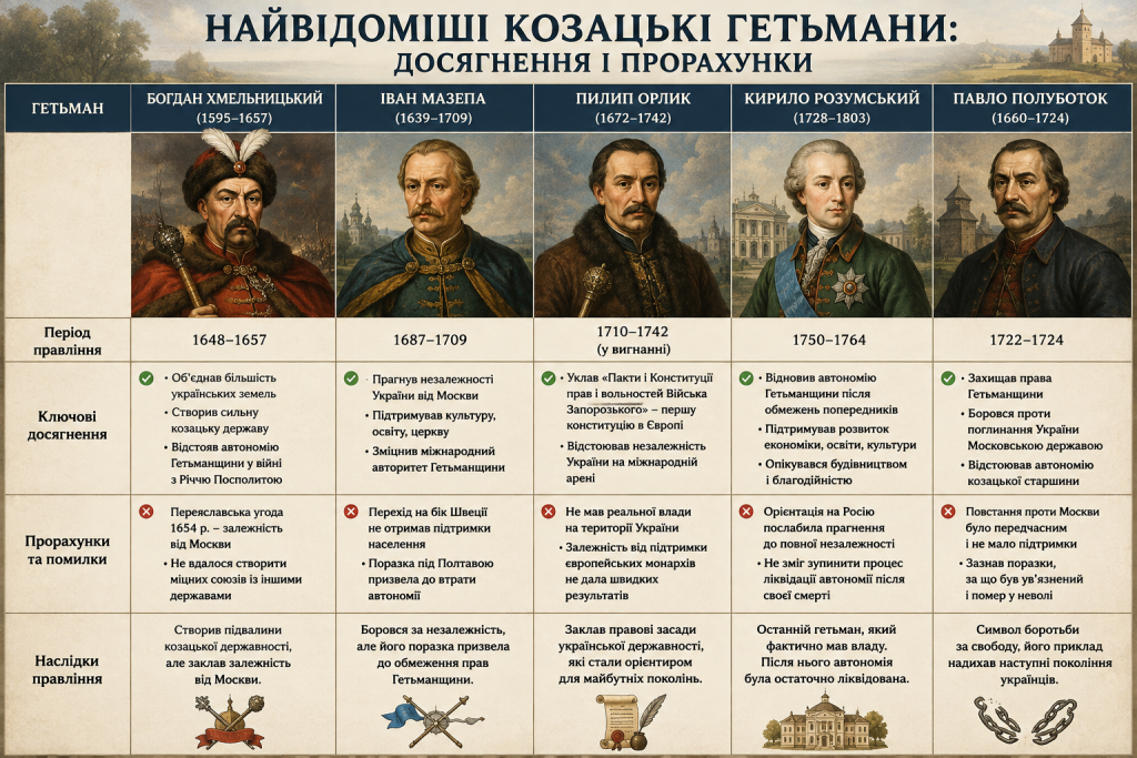 Інфографіка про відомих козацьких гетьманів, їхні досягнення, помилки та наслідки правління