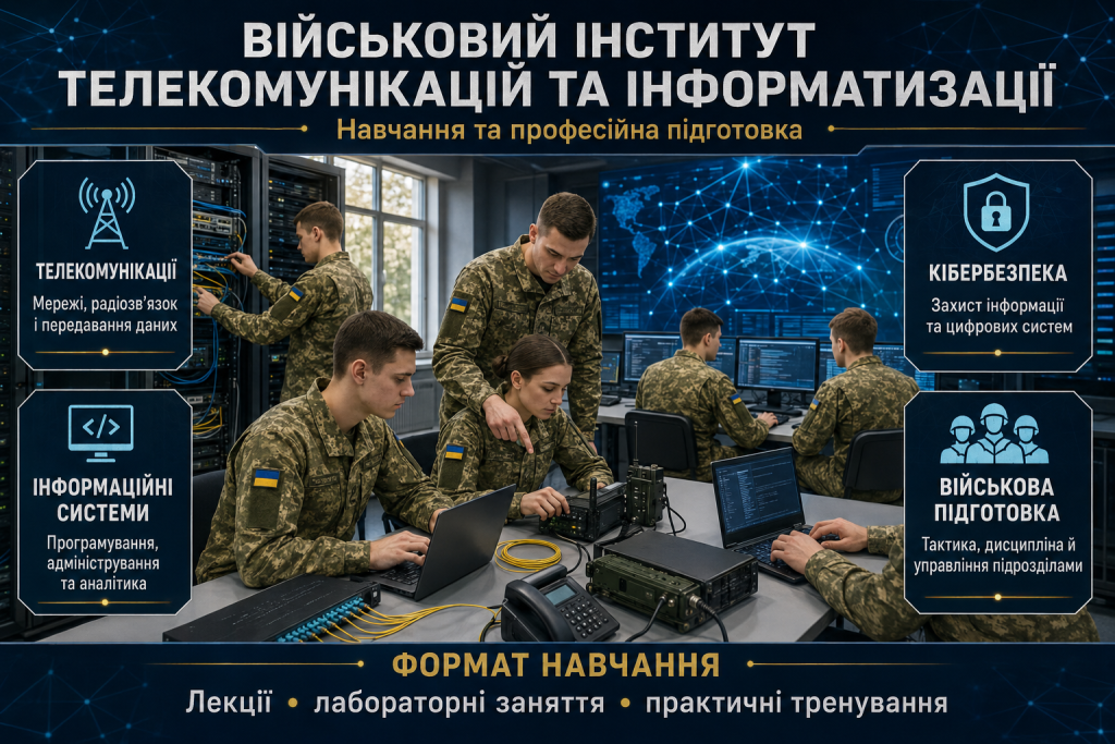 Інфографіка про навчання у Військовому інституті телекомунікацій та інформатизації, телекомунікації, кібербезпеку та інформаційні системи.