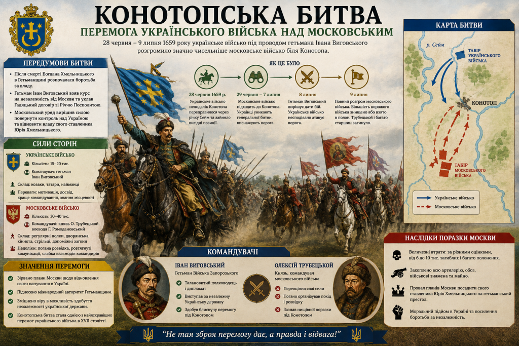 Інфографіка про Конотопську битву 1659 року, сили сторін, хід бою та наслідки перемоги