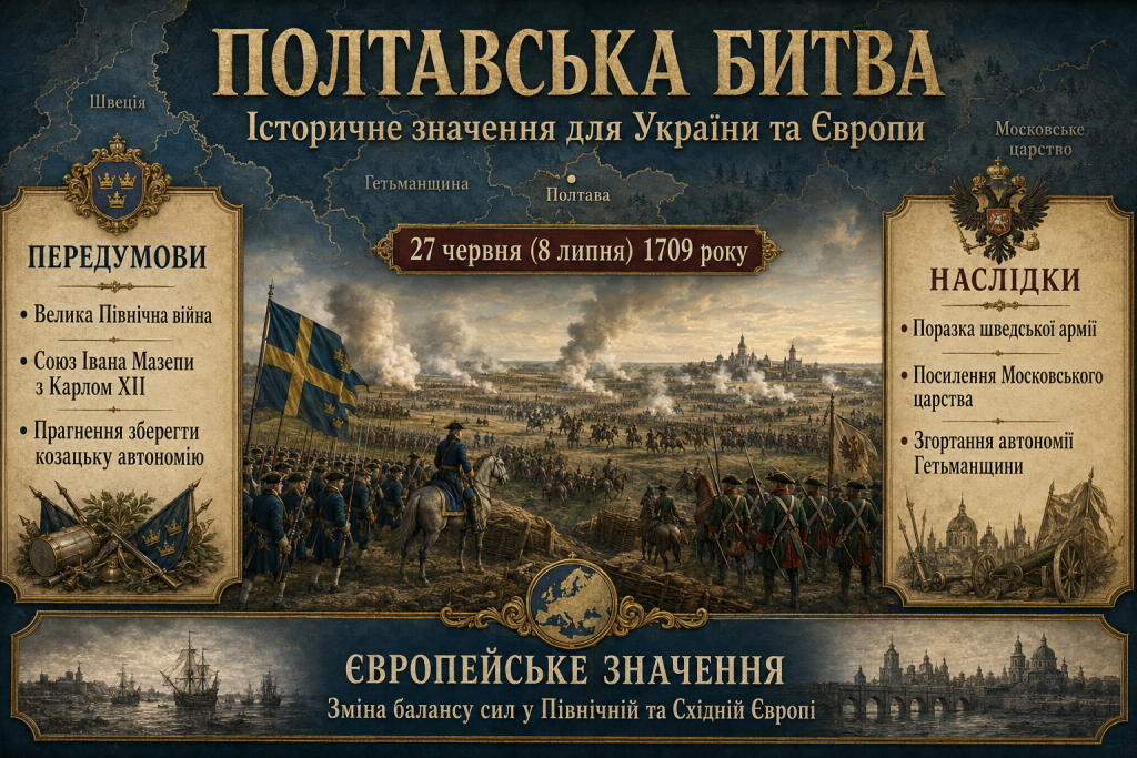 Історична інфографіка про Полтавську битву 1709 року, її передумови, перебіг, наслідки та значення для України і Європи.