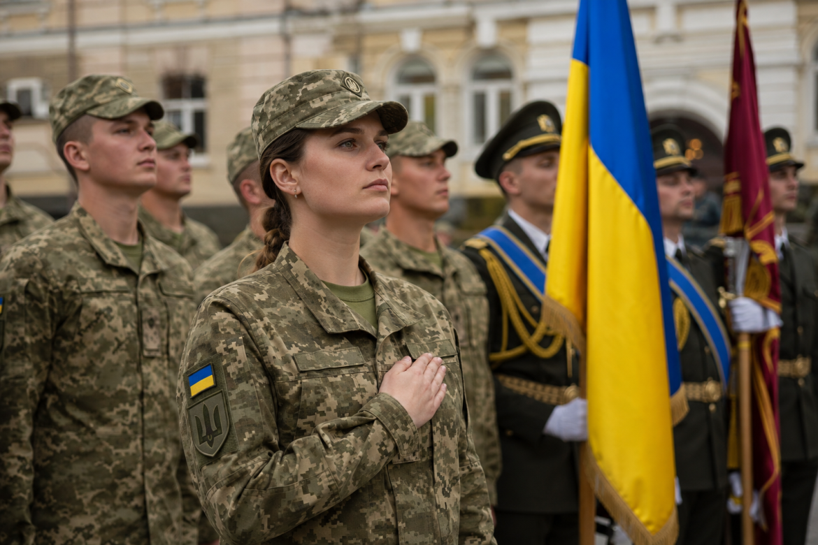 Українська військовослужбовиця під час урочистої церемонії військової присяги стоїть перед державним прапором України