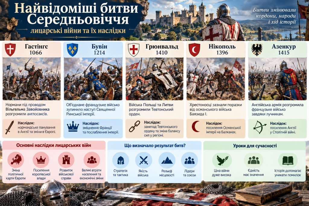 Інфографіка про найвідоміші битви Середньовіччя, зокрема Гастінгс, Бувін, Грюнвальд, Нікополь та Азенкур, і їх історичні наслідки.