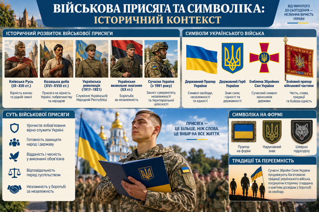 Інфографіка про історію військової присяги України, символи Збройних Сил, значення присяги та військові традиції